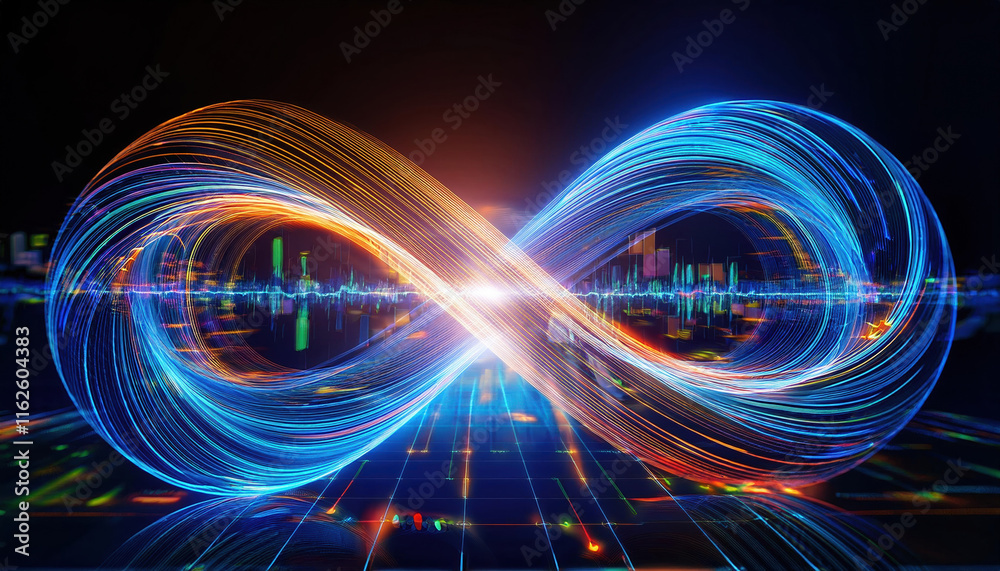 Poster vibrant infinity loop with glowing graphs and charts symbolizes iterative cycles in data analysis an