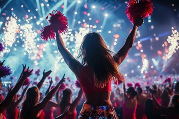 Energetic Cheerleaders Perform at Super Bowl Halftime with Vibrant Pom Poms and Stadium Lights