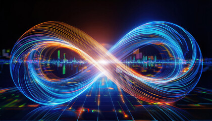 vibrant infinity loop with glowing graphs and charts symbolizes iterative cycles in data analysis and growth