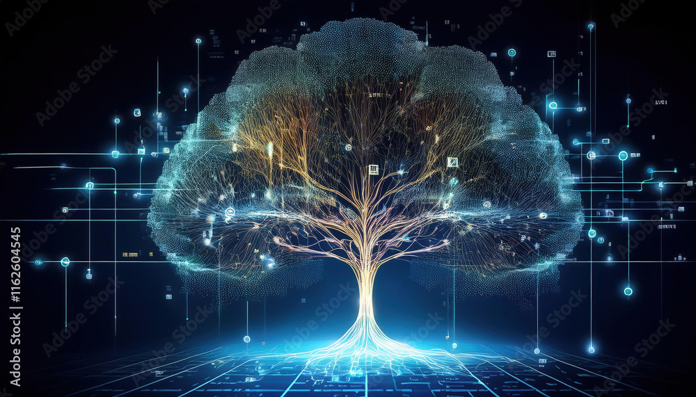 Poster symbolic tree with glowing data points branching into charts, graphs, and neural paths, representing