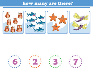 Counting game of wild animals for preschool kids. Printable. Vector Illustration