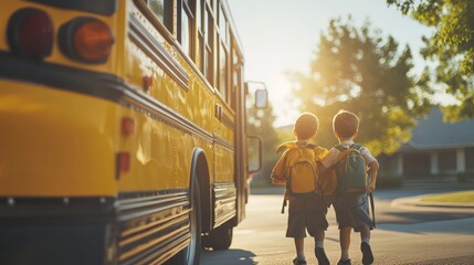  Adorable little schoolboys entering a bright yellow school bus on a sunny morning, capturing a heartwarming scene of childhood excitement and the start of a new school day