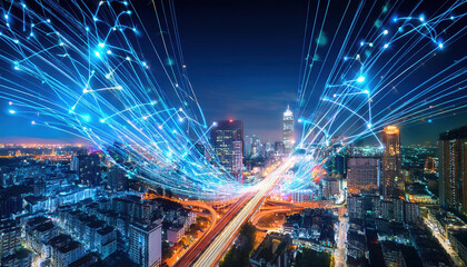 Naklejka premium vibrant cityscape with glowing data streams and arrows connecting urban points, showcasing energy of modern technology