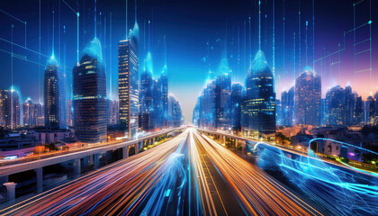 Fototapeta premium vibrant cityscape with glowing data streams flowing between skyscrapers, symbolizing futuristic urban environment