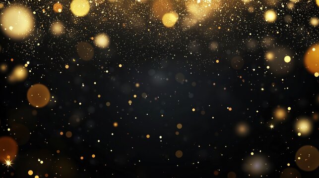 Golden dust and glitter bokeh particles effect against black background. Shimmering gold lights abstract overlay