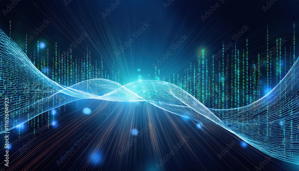 Poster vibrant illustration of binary code streams flowing through glowing neural network, creating sense o