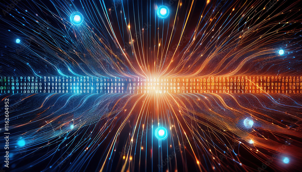 Poster vibrant illustration of binary code streams flowing through glowing neural network, showcasing dynam