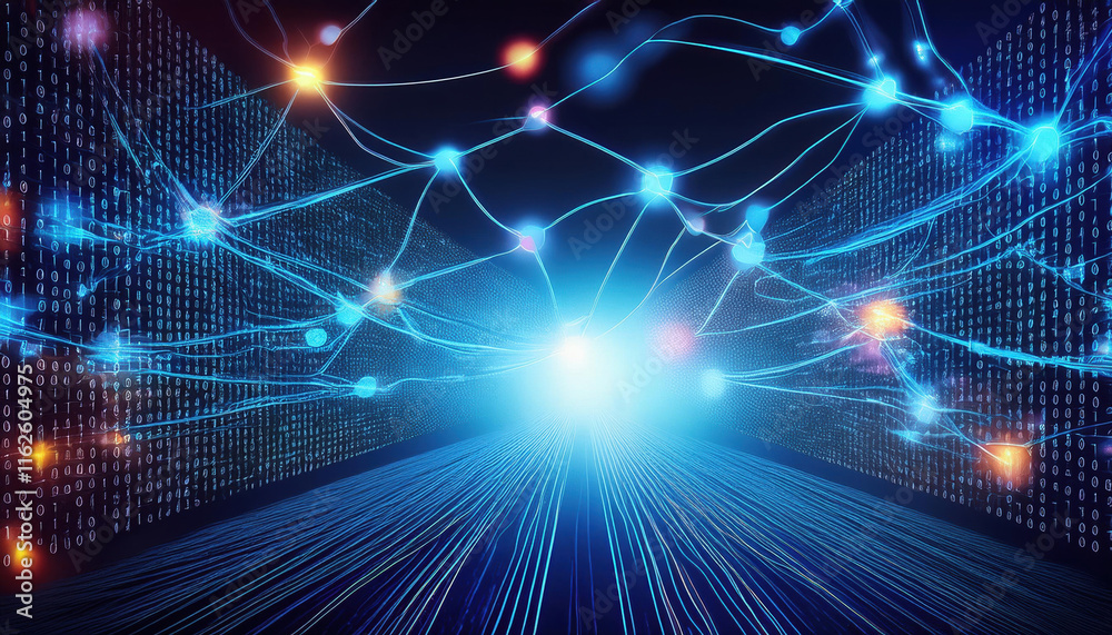 Poster vibrant illustration of binary code streams flowing through glowing neural network, creating sense o