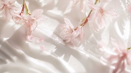 Delicate Pink Cherry Blossoms on White Silk Fabric