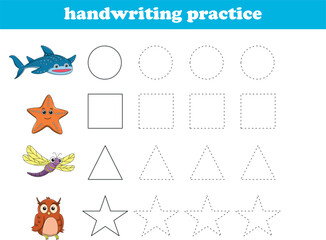 Handwriting Practice. Tracing lines of different shape for kids with animals. Vector Illustration