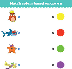 Match the color of the animal's crown. Educational game for color recognition