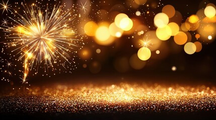 Obraz premium Bright Fireworks Over Sparkling Golden Bokeh Background at Night