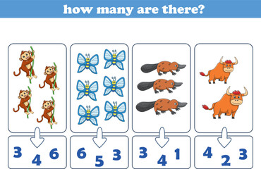 Counting game of wild animals for preschool kids. Printable. Vector Illustration