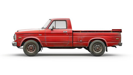 A vintage red pickup truck shown in profile view, emphasizing its classic design. isolated on white background