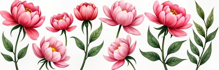 Fototapeta premium Beautiful set of pink peonies, green plants. Watercolor style botanical illustration. Hand-drawn floral design. Perfect for wedding invitations, floral designs, various decorations. Vintage aesthetic