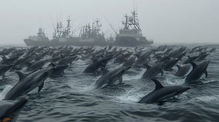 A pod of dolphins leaps and plays in the ocean, with a fleet of fishing vessels in the background.  Dramatic, moody atmosphere.
