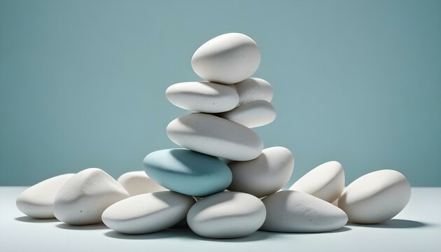 Una pila de piedras blancas y lisas en equilibrio sobre una superficie blanca sobre un fondo liso