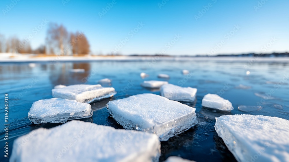 Wall mural body of water with ice floating on top. the ice is in the shape of squares. the water is blue