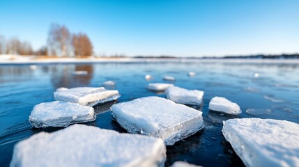 Body of water with ice floating on top. The ice is in the shape of squares. The water is blue