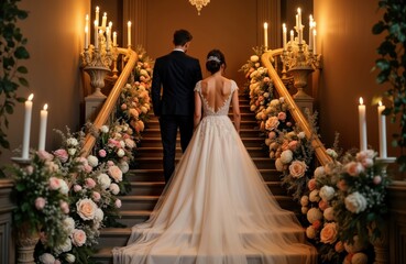 Bride, groom walk up grand staircase decorated with floral arrangements. Romantic wedding ceremony setting with candles, elegant decor. Luxury, beautiful wedding theme. Couple holding hands,