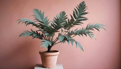 Obraz premium Un pequeño árbol en maceta con hojas verdes sobre un fondo rosa suave