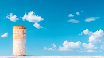 Obraz premium Tall white tower is in the middle of a blue sky. There are clouds in the sky
