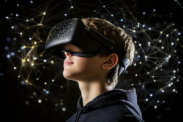 A young boy wearing a VR headset, immersed in a digital experience with a cosmic backdrop.