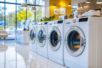 Row of modern washing machines in a brightly lit appliance showroom with large windows and contemporary decor, showcasing household technology and innovation.