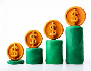dollar coins over finance bar chart made from Plasticine modeling clay isolated on white background