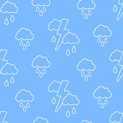 White thunderstorm clouds and rain drops on blue background. Rainy sky vector seamless pattern.
