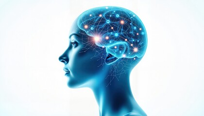 Obraz premium Blue human head with glowing brain connections on white background