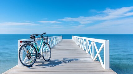 Obraz premium Turquoise Bicycle on Wooden Pier Over Ocean