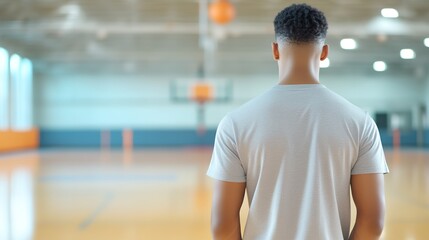 Man wearing a gray shirt stands in a gym