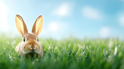 Rabbit is standing in the grass. The rabbit is brown and has a white face. The grass is green