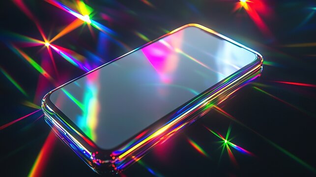 Smartphone with blank screen reflecting colorful neon lights.