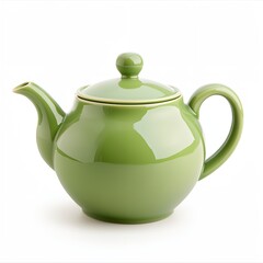 Obraz premium A green tea kettle sits on a white background. The lid is on top of the kettle