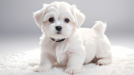 White Maltese puppy posing for a photo on the white carpet