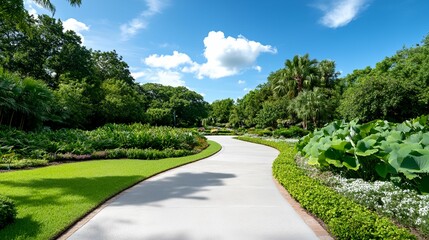 Obraz premium Path in a park with trees and bushes. The path is paved and has a grassy area on either side