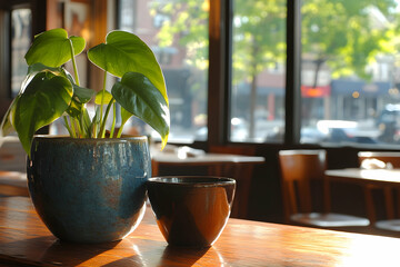 Serene cafe scene with a vibrant green plant in a rustic pot and a dark cup on a sunlit wooden table, blurred city background.