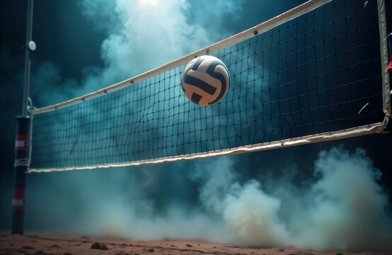 Dramatic volleyball net scene. Smoke surrounds net. Volleyball sphere hangs mid-air. Sporty scene. Action sports photo. Indoor outdoor court. Active, dynamic. Competition, game. Team activity.