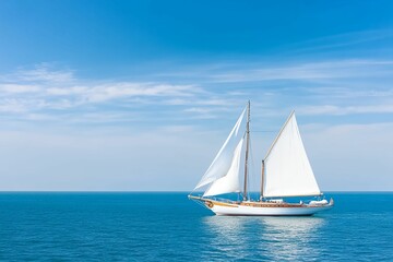 Fototapeta premium Sailboat is sailing in the ocean. The sail is white. The sky is blue. The water is calm
