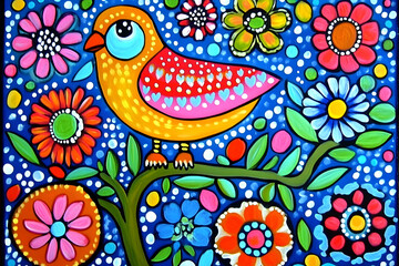 Vibrant folk art painting of a cheerful bird perched on a flowering branch, bursting with colorful flowers and dots on a deep blue background.