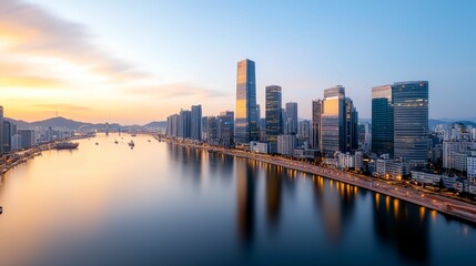 Fototapeta premium City with a river running through it. The river is calm and the sky is blue