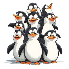 A cheerful group of cartoon penguins huddled together.