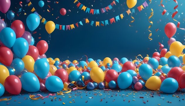 Decoraciones y suministros coloridos para fiestas sobre un fondo azul, incluidos globos, serpentinas, confeti y otros art&iacute;culos festivos