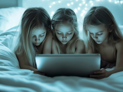 trois jeunes filles sur des &eacute;crans de tablette qui d&eacute;couvre un monde qui n'est pas fait pour elles, 