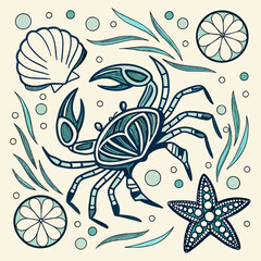 A detailed beach-inspired pattern with crabs, seashells, starfish, and sand dollars, blending intricate line art and coastal colors for a treasure hunt vibe.