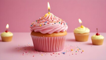 Un pastelito rosa con una vela encendida sobre un fondo rosa, rodeado de otros pastelitos