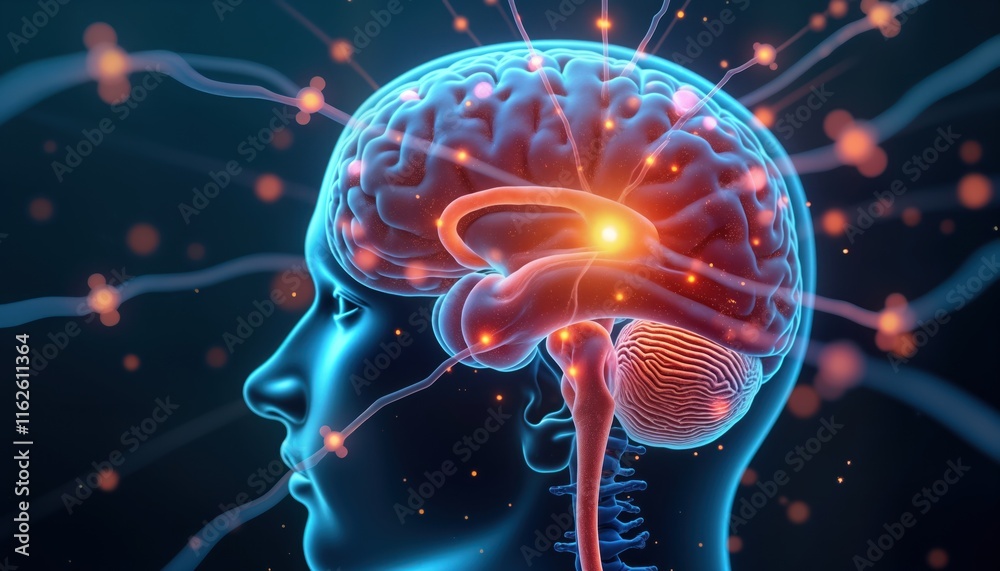 Poster 3D illustration of human brain with highlighted neural pathways. Modern tech medical view of brain cell structure. Bio tech research on human brain showing impulses, energy flow. Neurology science
