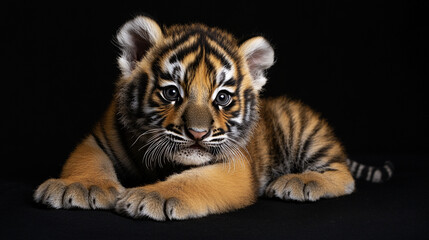 Obraz premium Striking portrait of a young tiger cub resting on a dark surface